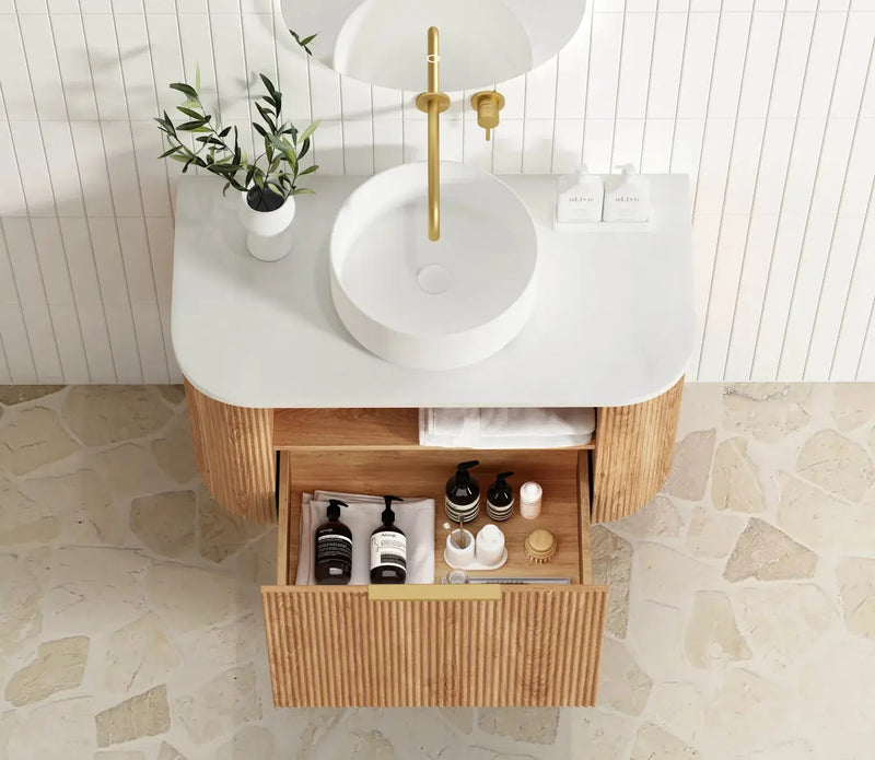 BONDI WOODLAND OAK FLUTED 900X460 CURVE VANITY FIL Kitchen Bathroom