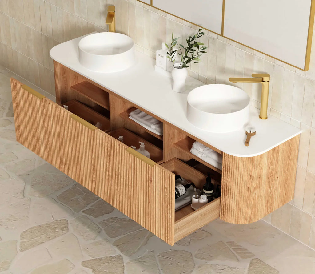 BONDI WOODLAND OAK FLUTED 1800X460 CURVE VANITY