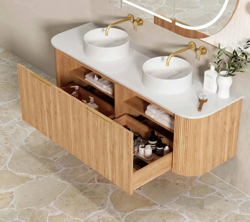 BONDI WOODLAND OAK FLUTED 1500X460 CURVE VANITY FIL Kitchen Bathroom