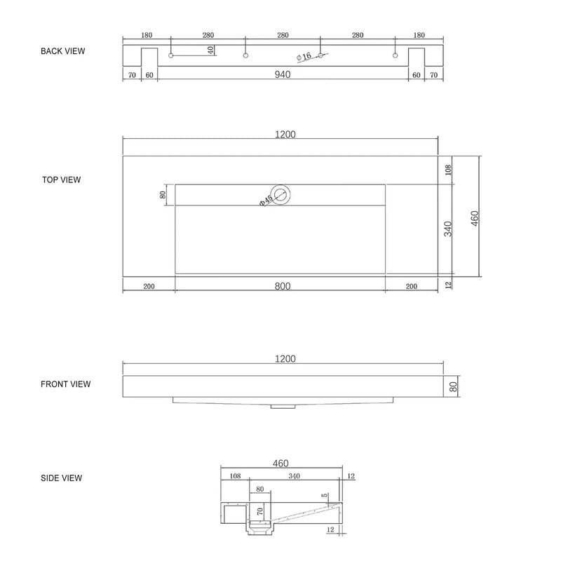 MOONLIGHT 1200X460X80MM SOLID SURFACE TOP WALL HUNG BASIN FIL Kitchen Bathroom