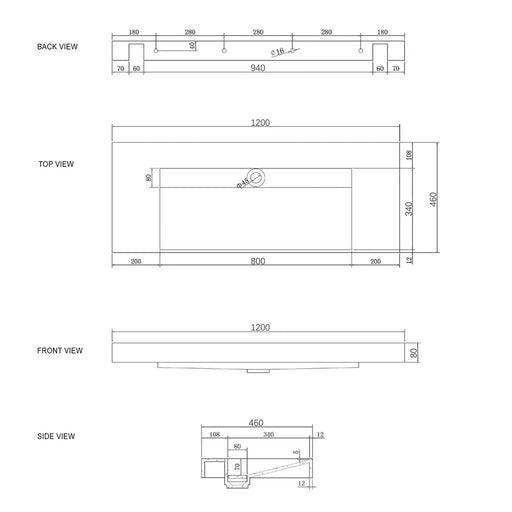 MOONLIGHT 1200X460X80MM SOLID SURFACE TOP WALL HUNG BASIN FIL Kitchen Bathroom