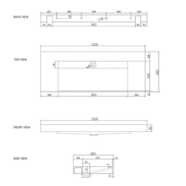 MOONLIGHT 1200X460X80MM SOLID SURFACE TOP WALL HUNG BASIN