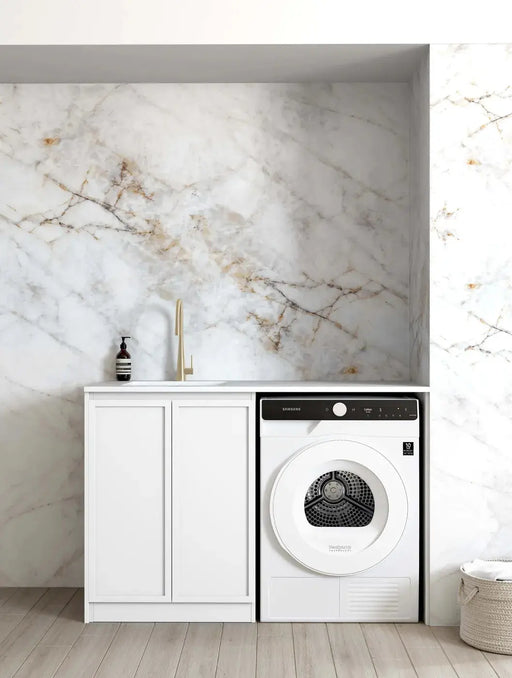 Hampshire Matte White Base Laundry Cabinet with Stone Top and Sink 1300x600x900mm otti