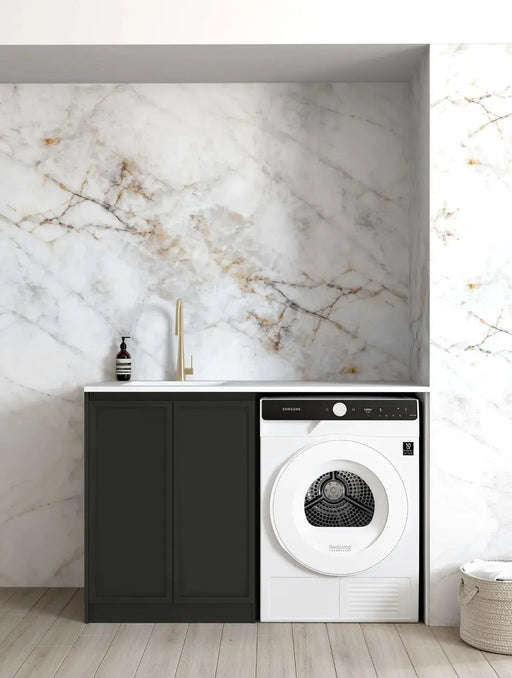 Hampshire Matte Black Base Laundry Cabinet with Stone Top and Sink 1300x600x900mm otti