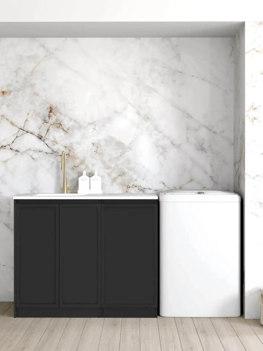 Hampshire Matte Black Base Laundry Cabinet with Stone Top and Sink 1060x600x900mm otti
