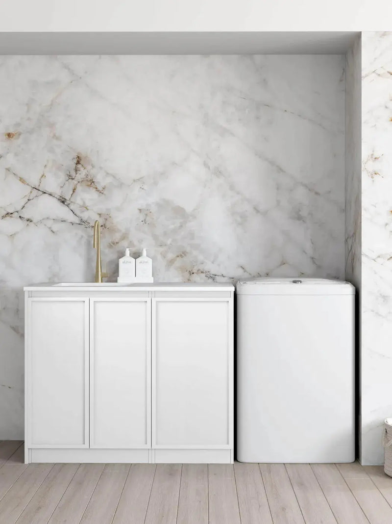 Hampshire Matte White Base Laundry Cabinet with Stone Top and Sink 1060x600x900mm otti