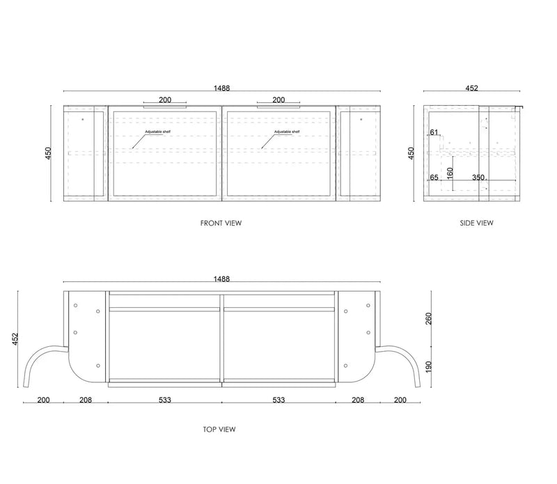 Hampshire Satin White Double Bowl Wall Huang Curve Vanity 1500mm otti
