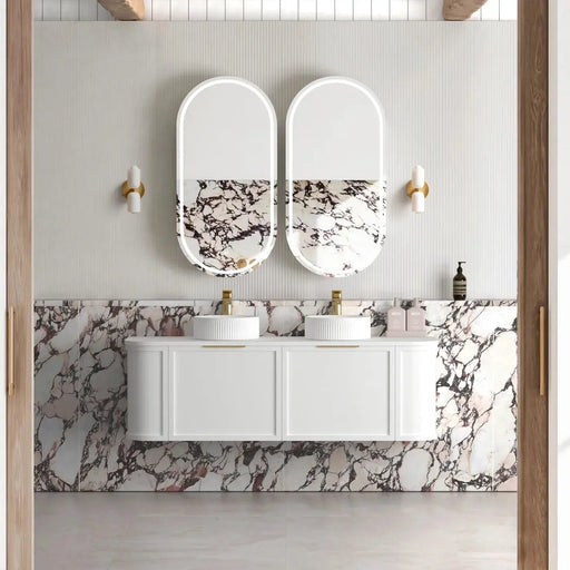 Hampshire Satin White Double Bowl Wall Huang Curve Vanity 1500mm otti