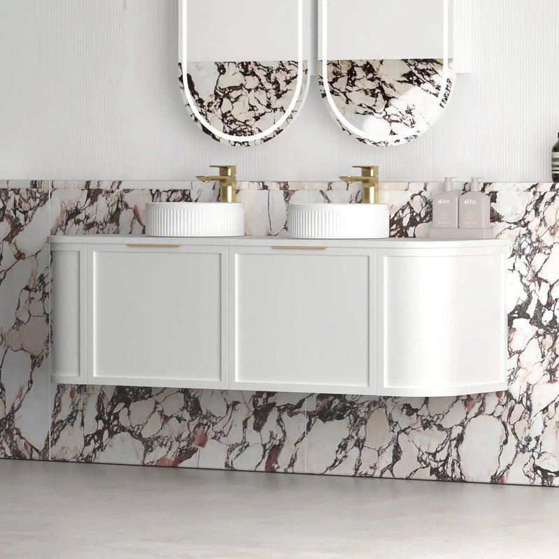 Hampshire Satin White Double Bowl Wall Huang Curve Vanity 1500mm otti