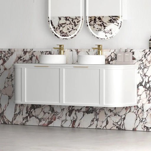 Hampshire Satin White Double Bowl Wall Huang Curve Vanity 1500mm otti