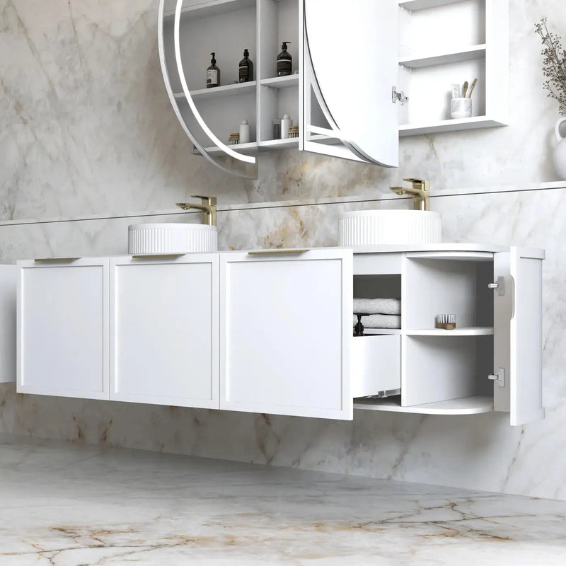 Hampshire Satin Double Bowl White Wall Huang Curve Vanity 1800mm otti