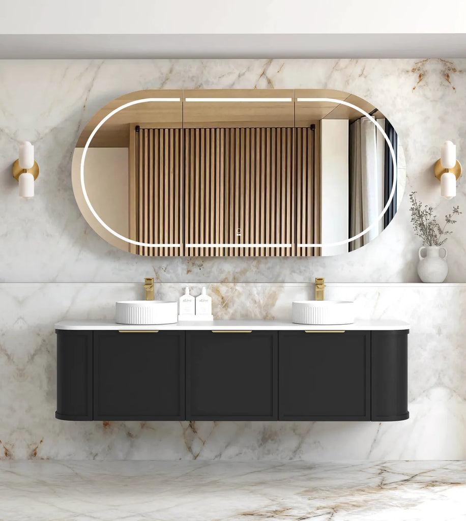Hampshire Matte Black Double Bowl Wall Huang Curve Vanity 1800mm