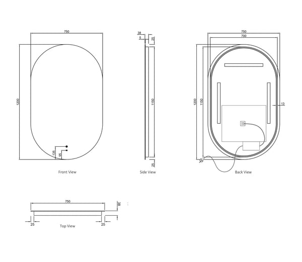 LED Noosa 1500(W)x750(H) Frameless Tuffi Mirror - Install Horizontal or Vertical