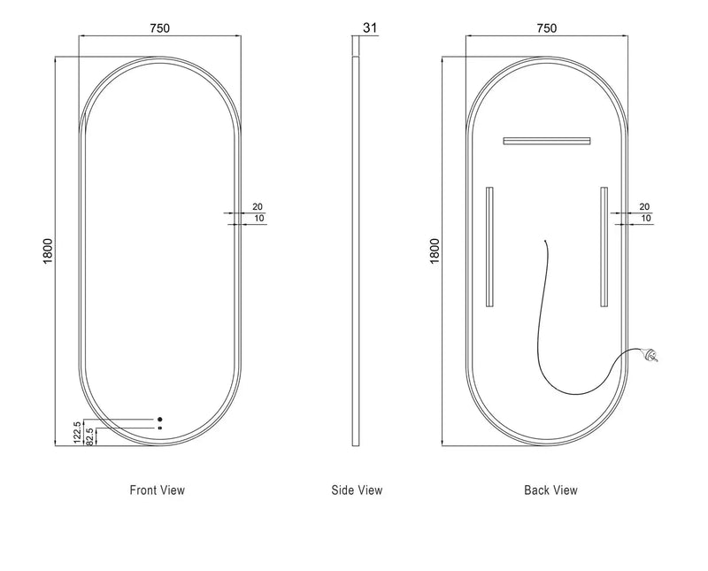 LED Noosa White Metal Frame Mirror 1800(W)x750(H) - FIL Kitchen Bathroom