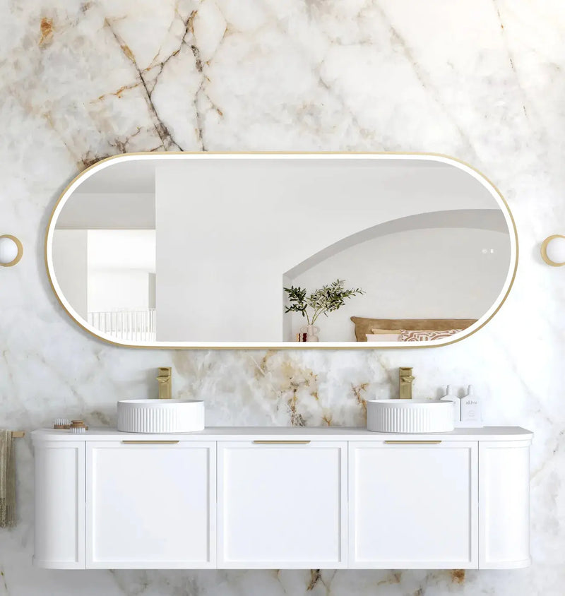 LED Noosa Framed Mirror Gold Metal 1800(W)x750(H) - FIL Kitchen Bathroom