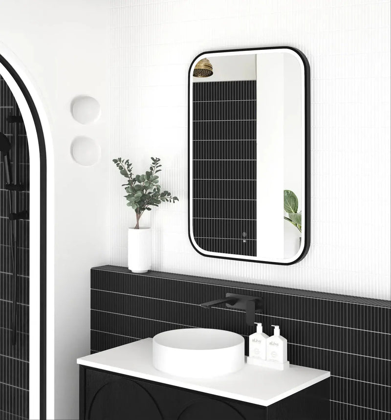 LED Newport Black Metal Frame Mirror 900(H)x600(W) - FIL Kitchen Bathroom