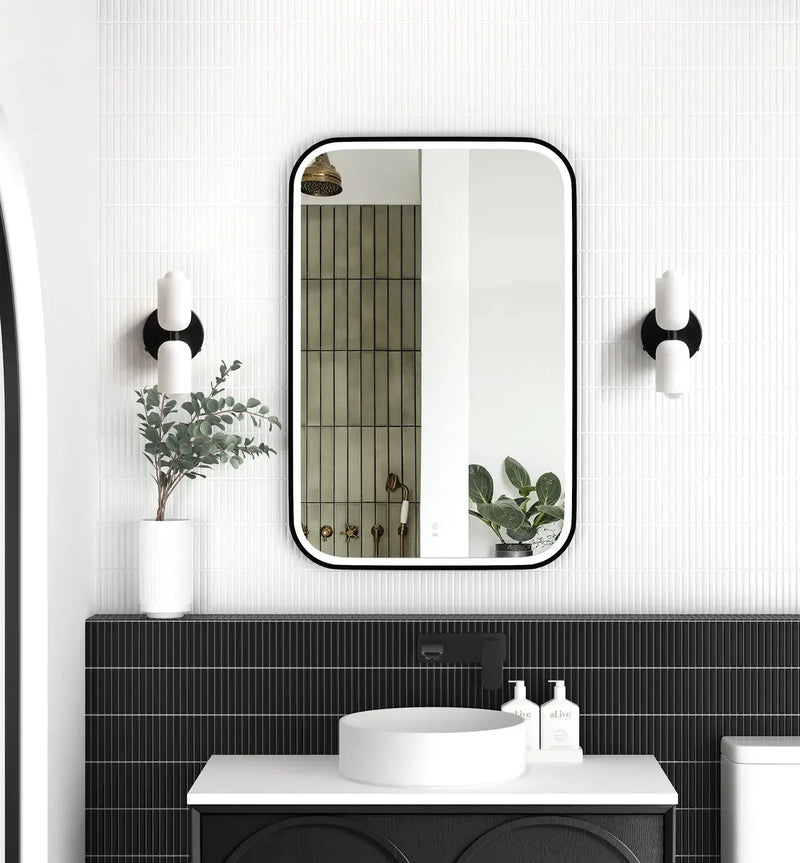 LED Newport Black Metal Frame Mirror 900(H)x600(W) - FIL Kitchen Bathroom