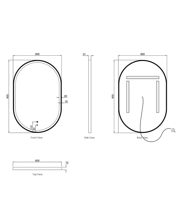 LED Noosa Gold Metal Frame Mirror  900(H)x600(W)