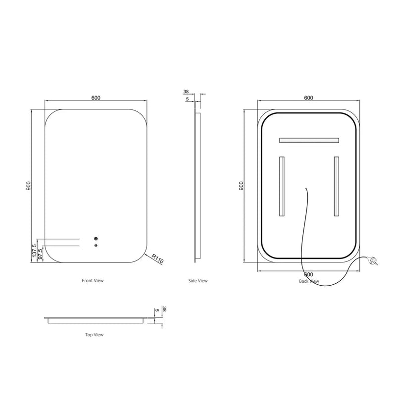 LED Newport Frameless Mirror 900(H)x600(W) - FIL Kitchen Bathroom