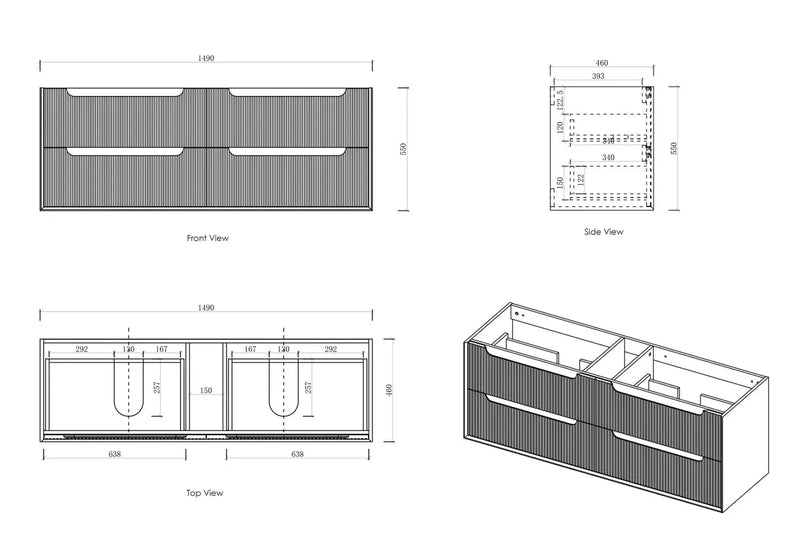 Byron Fluted Four Drawer Double Bowl Wall Hung Vanity Woodland Oak 1200mm/1500mm - FIL Kitchen Bathroom