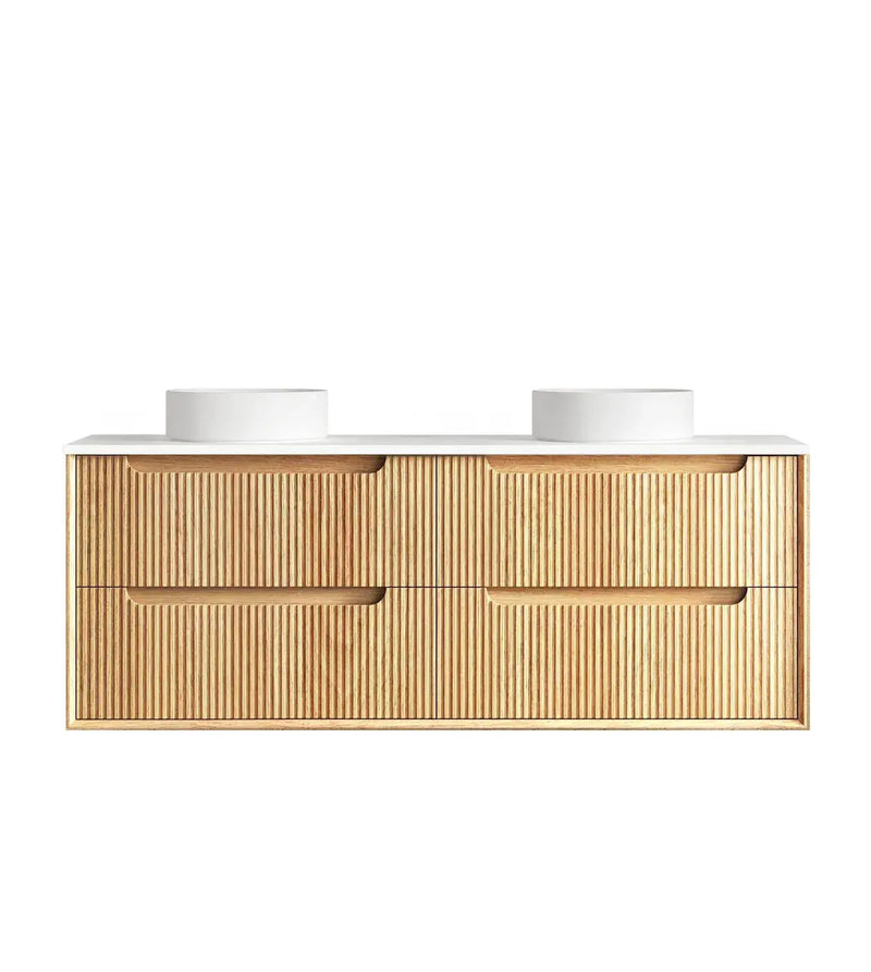 Byron Fluted Four Drawer Double Bowl Wall Hung Vanity Woodland Oak 1200mm/1500mm - FIL Kitchen Bathroom