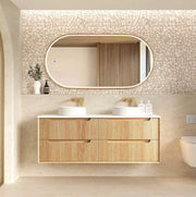 Byron Fluted Four Drawer Double Bowl Wall Hung Vanity Woodland Oak 1200mm/1500mm - FIL Kitchen Bathroom