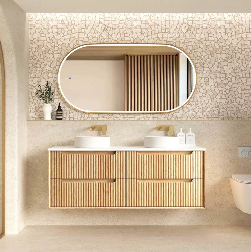Byron Fluted Four Drawer Double Bowl Wall Hung Vanity Woodland Oak 1200mm/1500mm - FIL Kitchen Bathroom