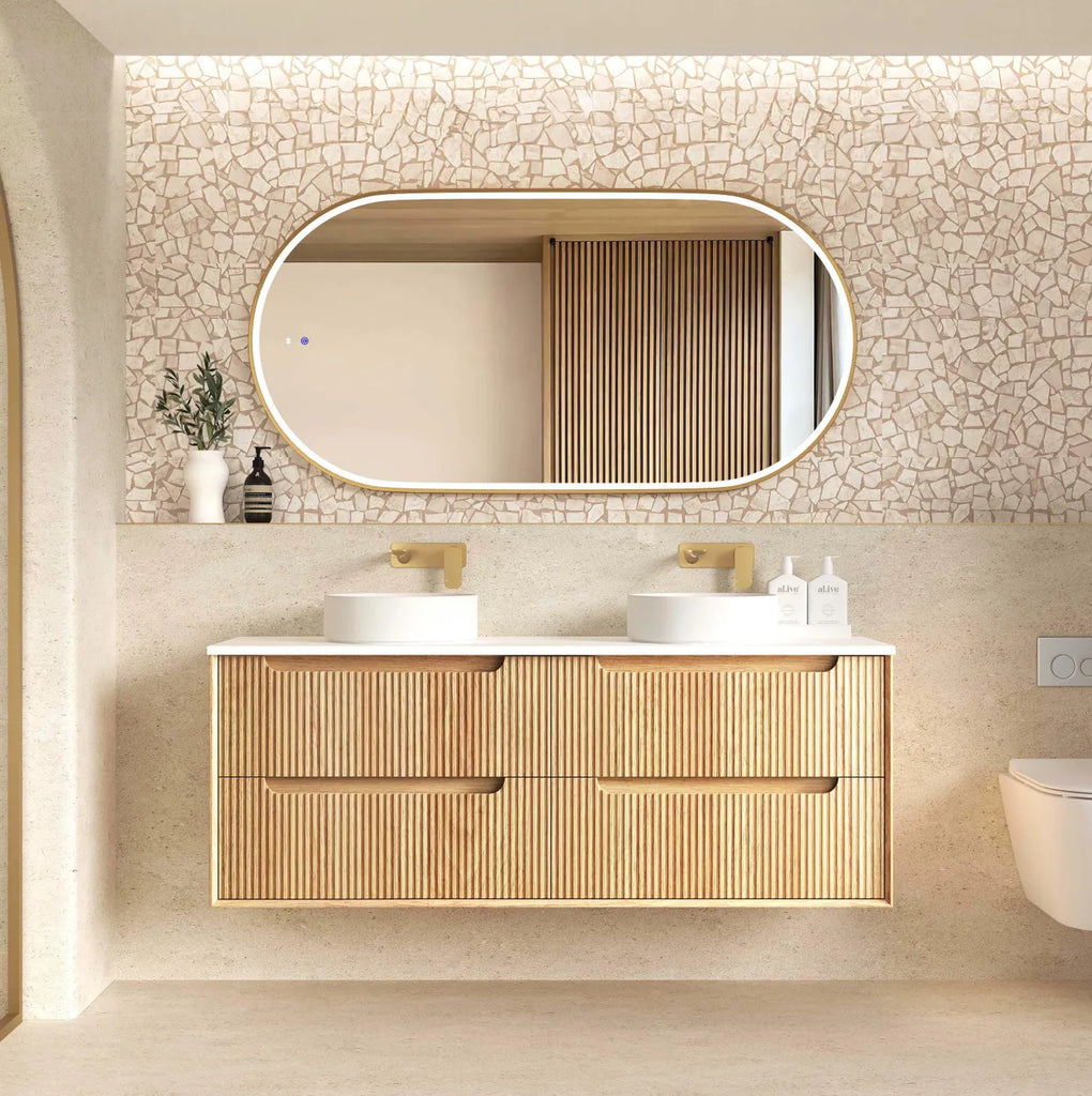 Byron Fluted Four Drawer Double Bowl Wall Hung Vanity Woodland Oak 1200mm/1500mm