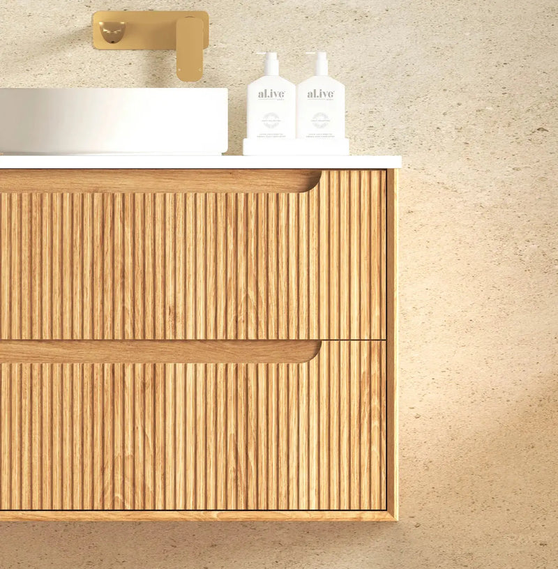 Byron Fluted Four Drawer Double Bowl Wall Hung Vanity Woodland Oak 1200mm/1500mm - FIL Kitchen Bathroom