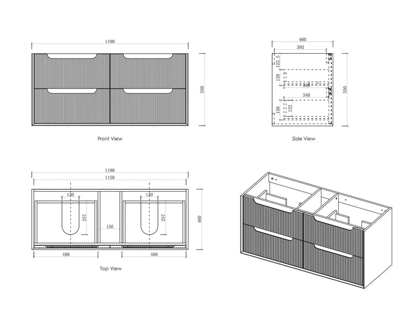 Byron Fluted Four Drawer Double Bowl Wall Hung Vanity Woodland Oak 1200mm/1500mm - FIL Kitchen Bathroom