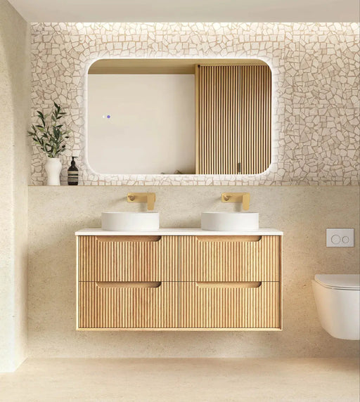 Byron Fluted Four Drawer Double Bowl Wall Hung Vanity Woodland Oak 1200mm/1500mm - FIL Kitchen Bathroom