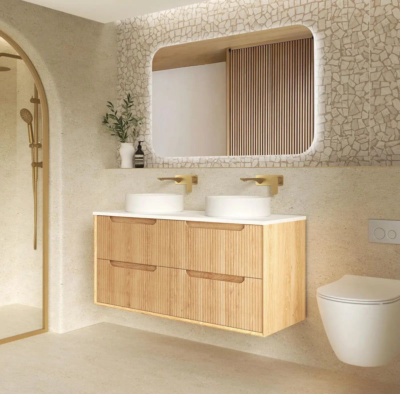 Byron Fluted Four Drawer Double Bowl Wall Hung Vanity Woodland Oak 1200mm/1500mm - FIL Kitchen Bathroom