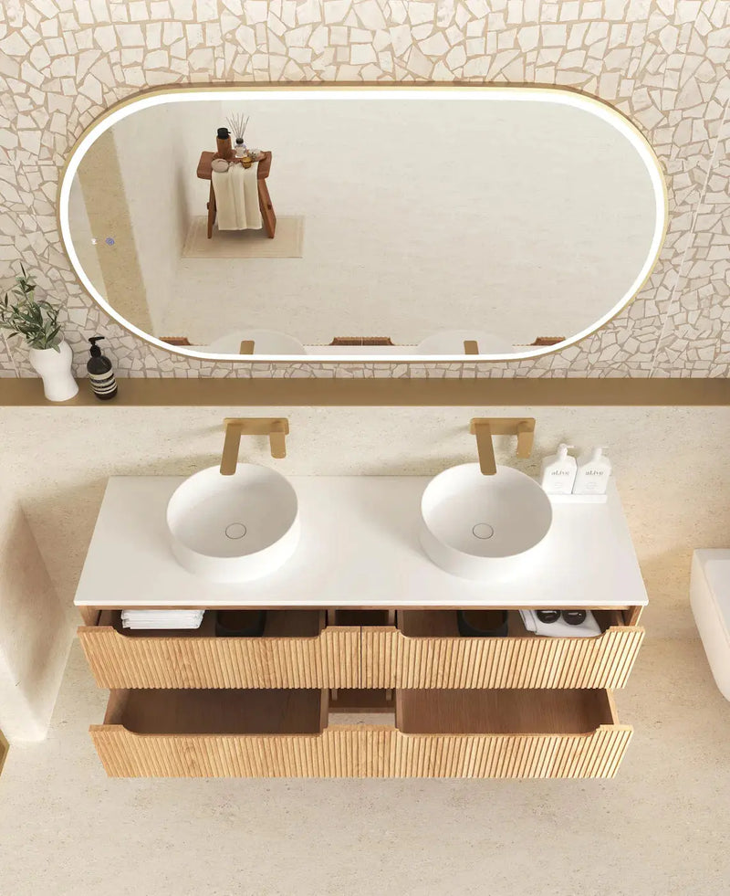 Byron Fluted Four Drawer Double Bowl Wall Hung Vanity Woodland Oak 1200mm/1500mm - FIL Kitchen Bathroom