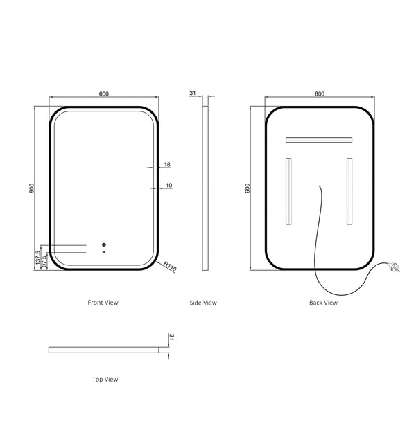 LED Newport White Metal Frame Mirror 900(H)x600(W)