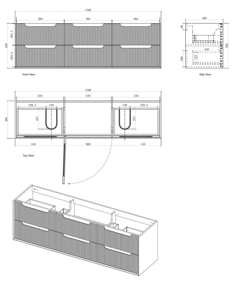 Byron Fluted Woodland Oak Double  Wall Hung Vanity 1800mm - FIL Kitchen Bathroom