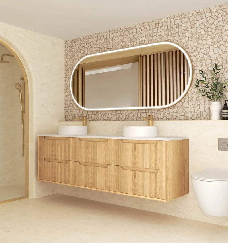 Byron Fluted Woodland Oak Double  Wall Hung Vanity 1800mm - FIL Kitchen Bathroom