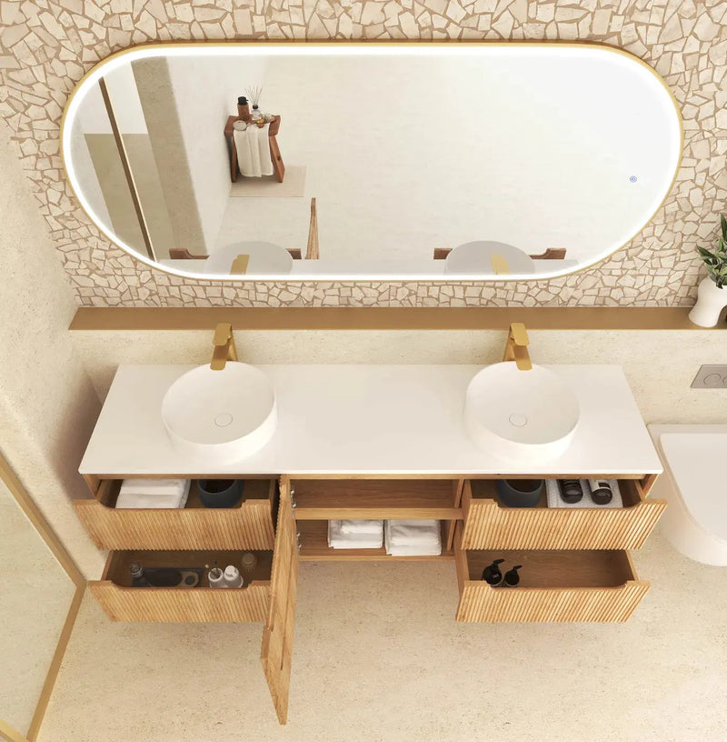 Byron Fluted Woodland Oak Double  Wall Hung Vanity 1800mm - FIL Kitchen Bathroom