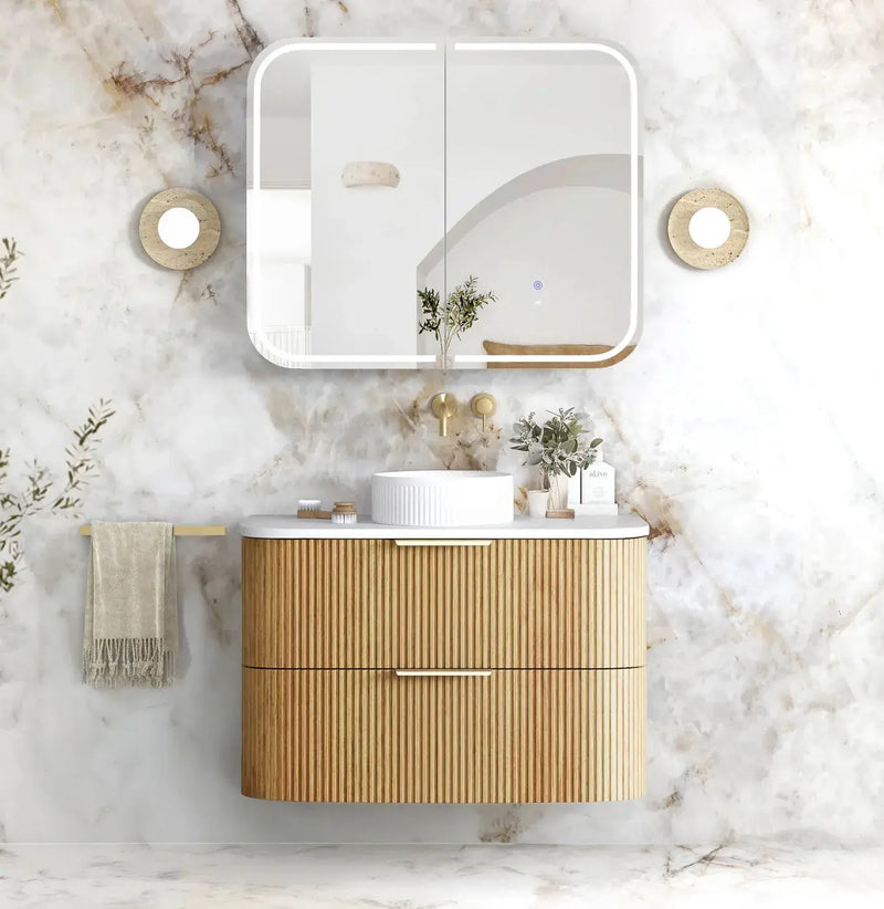 HAVANA Wall Hung Fluted Curve Vanity Woodland Oak Cabinet Only (600MM/750MM/900MM/1200MM/1500MM/1800MM)