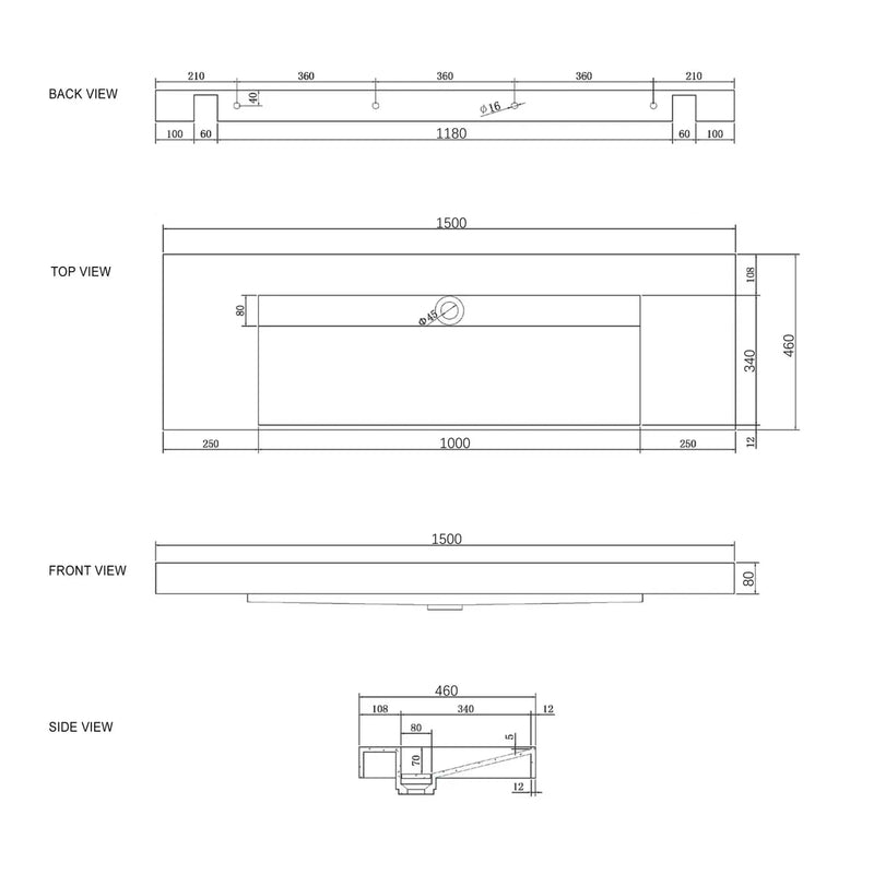 MOONLIGHT 1500X460X80MM SOLID SURFACE TOP WALL HUNG BASIN FIL Kitchen Bathroom