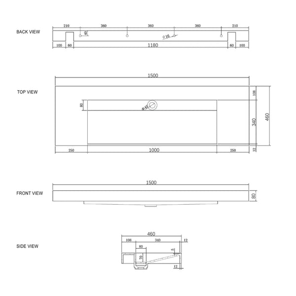 MOONLIGHT 1500X460X80MM SOLID SURFACE TOP WALL HUNG BASIN