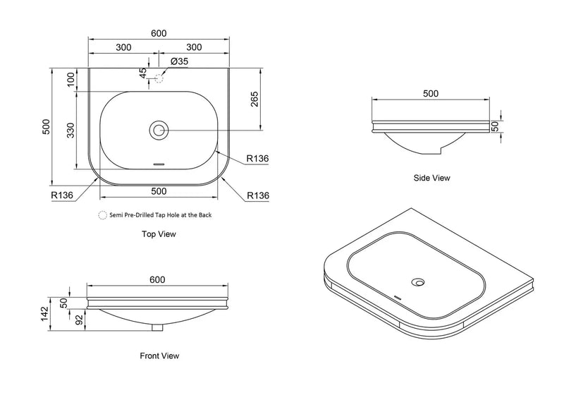 Havana English Edge Matte White with Soft Square Basin Top (600/750/900/1200/1500/1800mm)