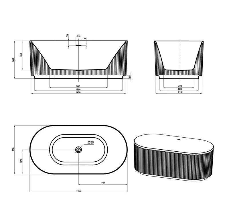 Attica Havana 1500 Fluted Bath with Overflow otti