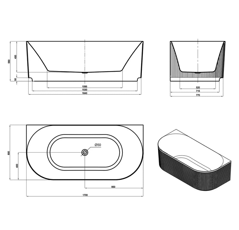 Attica Havana 1700 BTW Multi-fit Fluted Bath with Overflow otti