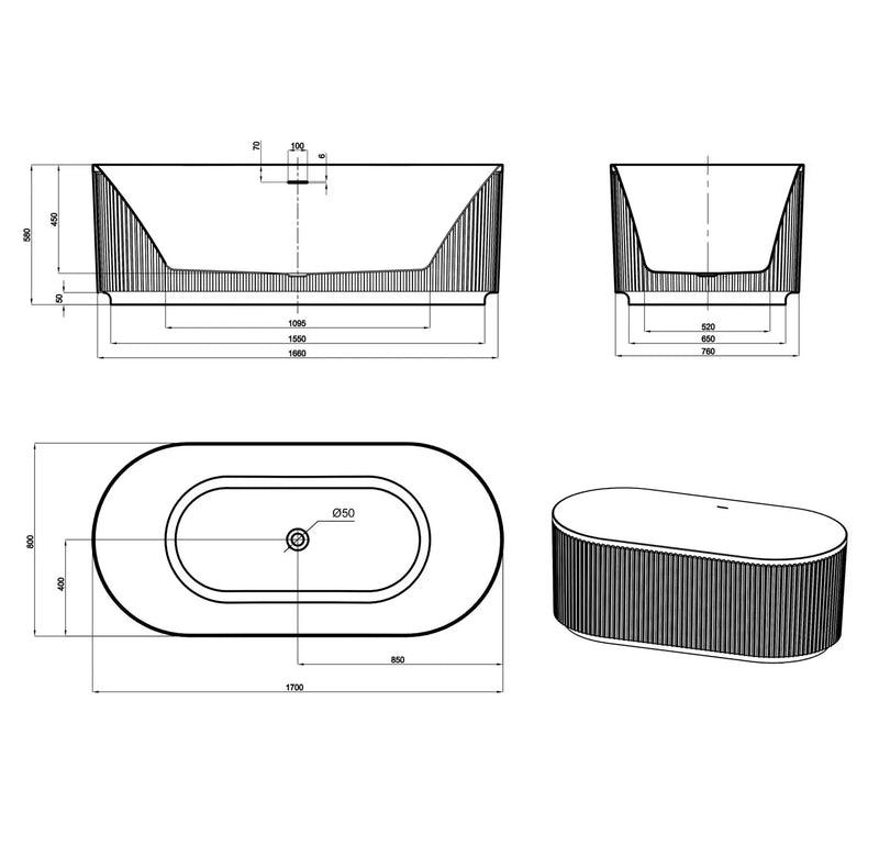 Attica Havana 1700 Fluted Bath with Overflow otti