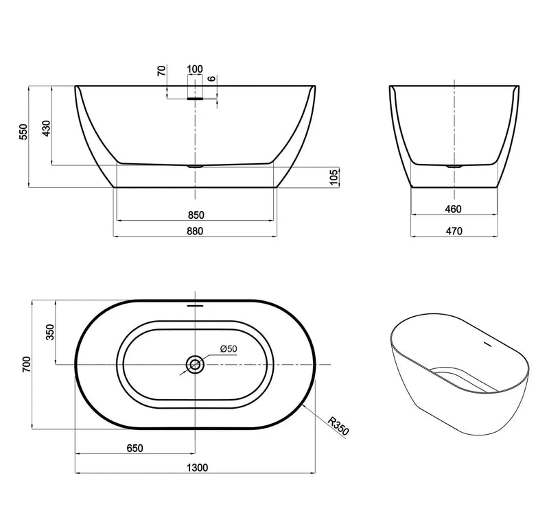 Attica Manolo 1300/1400 Gloss White Bath with Overflow otti
