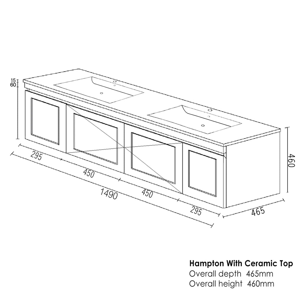 SATIN WHITE HAMPTON MARK II 1500MM DOUBLE BOWL WALL HUNG VANITY