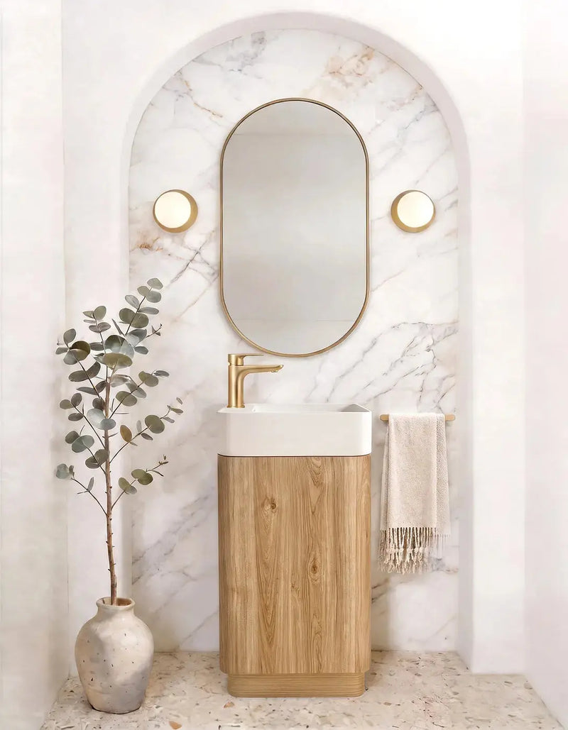 Maxi Space Saver Woodland Oak Curved Floor Standing Vanity otti