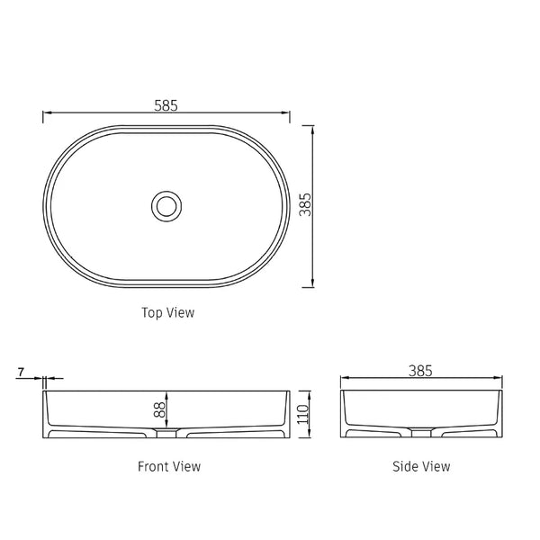 MATTE WHITE NOOSA SOLID SURFACE BASIN 585 X 385 X 110 MM (NO OVERFLOW)