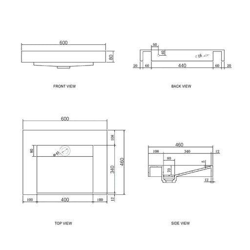 MOONLIGHT 600X460X80 MM SOLID SURFACE TOP WALL HUNG BASIN FIL Kitchen Bathroom