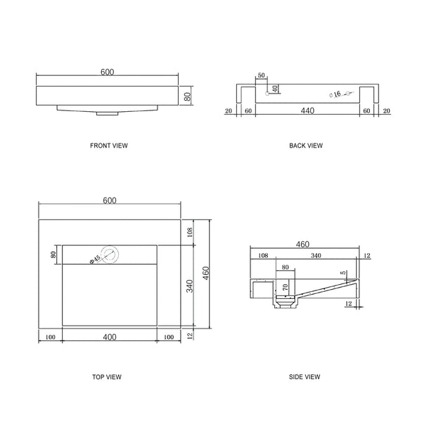 MOONLIGHT 600X460X80 MM SOLID SURFACE TOP WALL HUNG BASIN